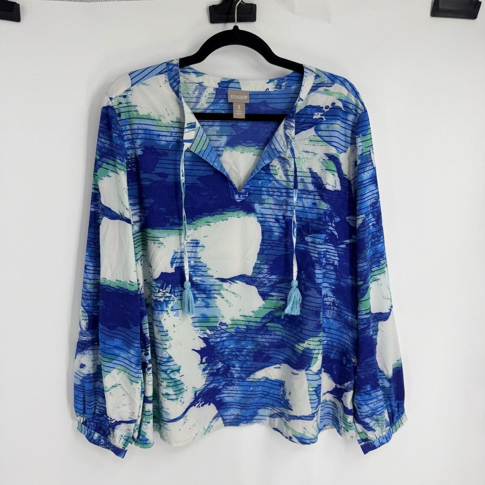 Chicos Abstract Blue White Tassel V-Neck Blouse Size 3 Flowy XL Long Sleeve Top